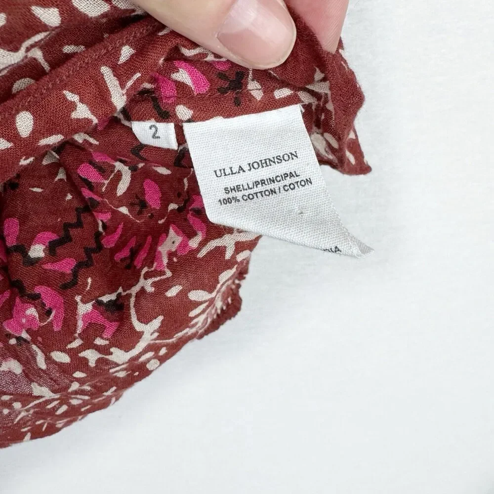 Ulla Johnson Lillian Burgundy Red Floral Puff Sleeve Ruffle Tassel Top Size 2